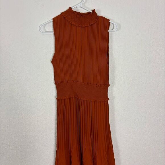 NWT Nanette Lepore Picante Dark Orange Pleated Mock Neck Sleeveless Midi Dress - Picture 3 of 9